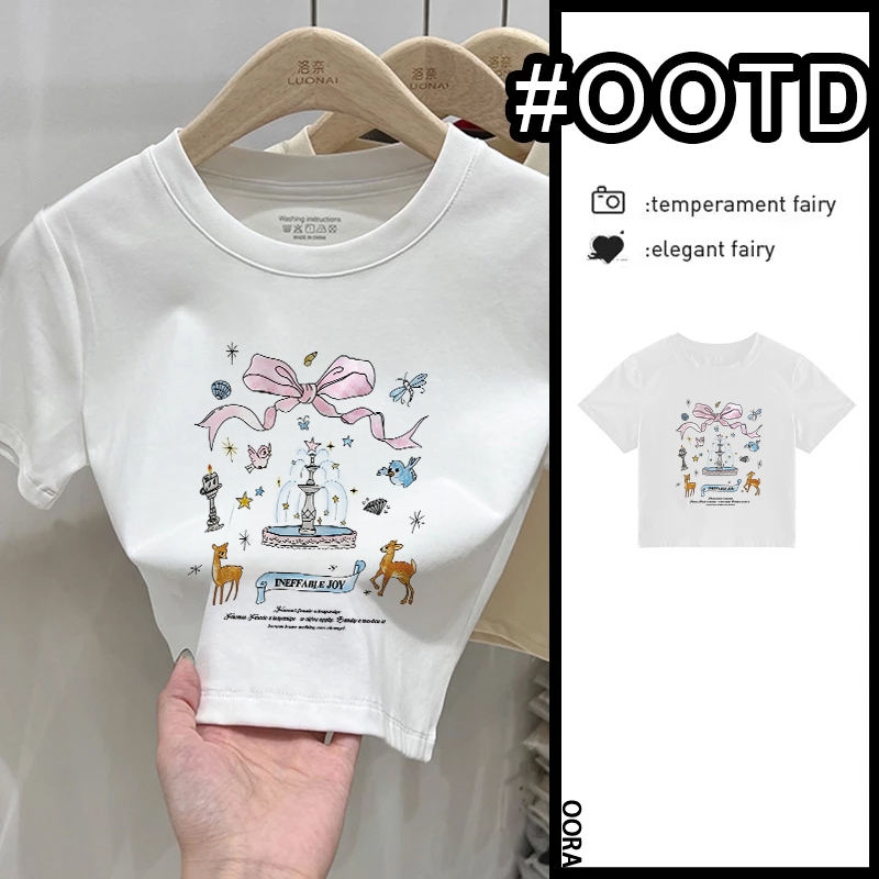 OORA T-Shirt crop top Slim Edition GHICA Bow Print Wanita Korea Ketat Kemeja crop top Putih Ketat Cr