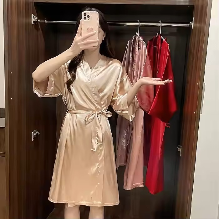 Kimono Tidur Sexy Bahan Satin Model Kimono Polos