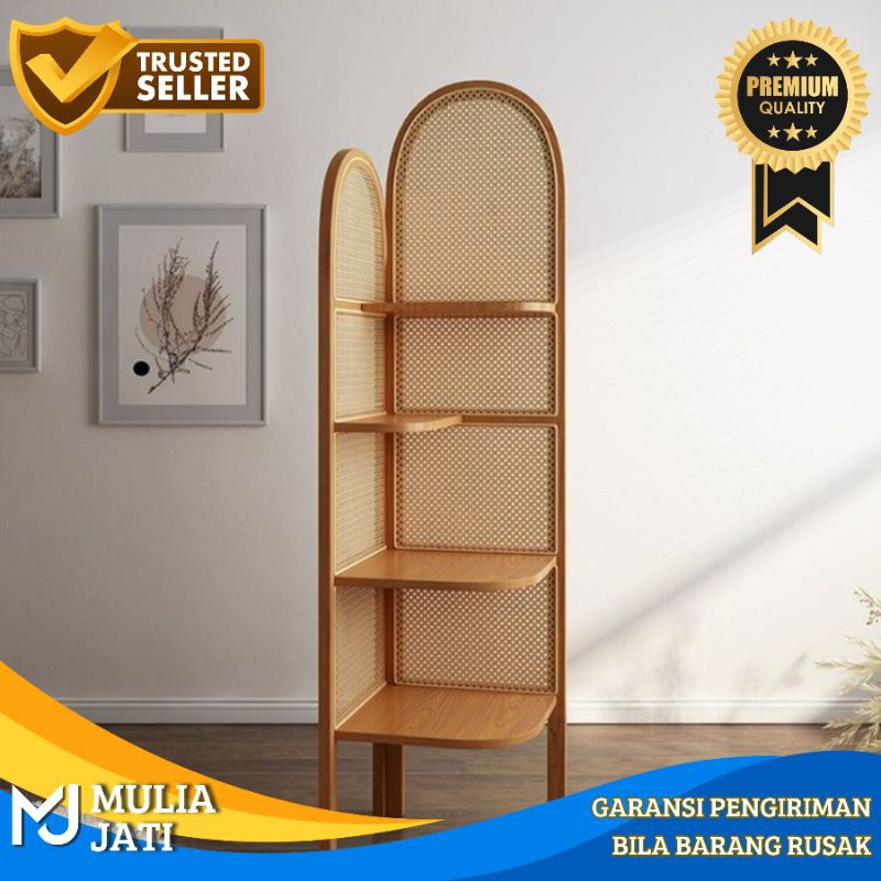 Rak Sudut Jati Kombinasi Rotan / Rak Partisi Sudut Jati Rotan / Rak Sudut Minimalis
