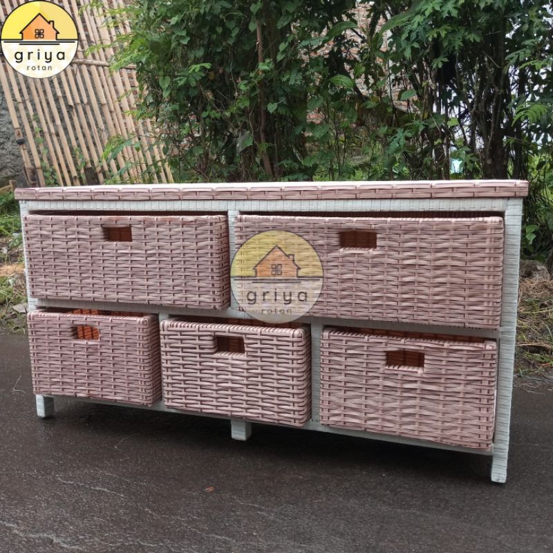 RB Lemari Tv Rotan Sintetis 5 Laci Rak Laci Minimalis Lemari Plastik Murah