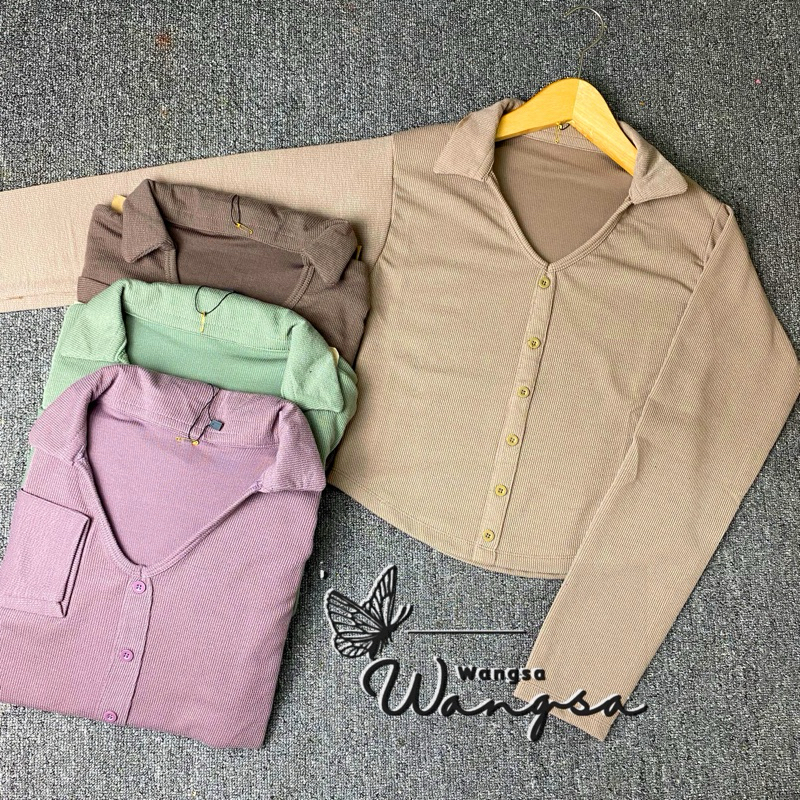 kaos crop top kerah lengan panjang / atasan crop v neck / baju kerah polo knit