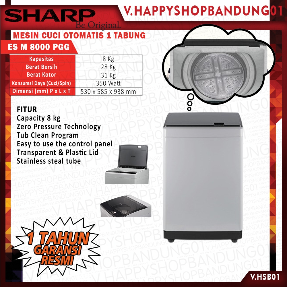 Mesin Cuci otomatis 1 Tabung Sharp 8 Kg ES-M 8000 P-GG