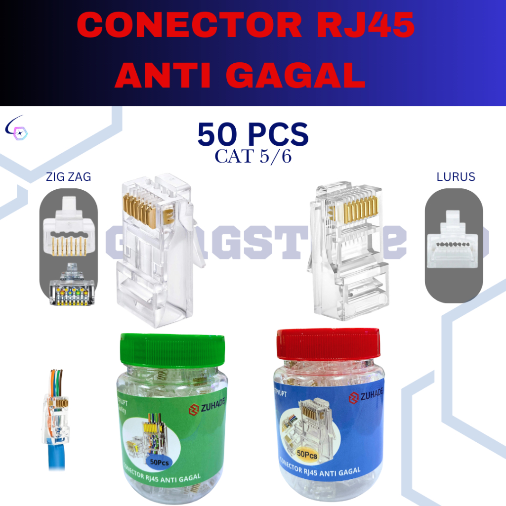 KONEKTOR RJ 45 ANTI GAGAL CAT 5/6 50PCS 1BOTOL, Anti Gagal Kabel Tembus RJ45 Cat5/6 Kabel UTP LAN, C
