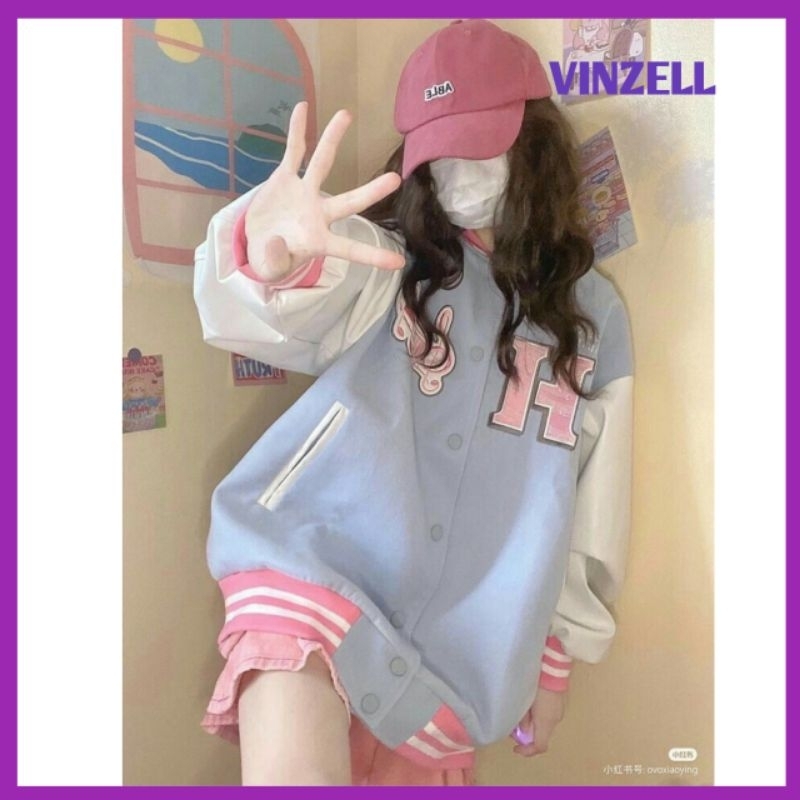Jaket Varsity Big Size ( S - 6XL ) H LOGO mix Warna Baby Pink Blue Putih Cute Korean Ulzzang Street 