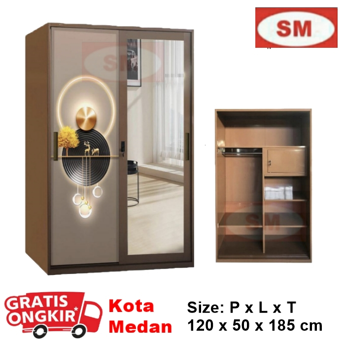 LEMARI PAKAIAN 2P BESI - SL12 535 - LEMARI PINTU SLIDING - MOTIF COKLAT - SZ120