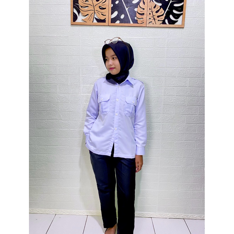 Setelan Seragam Baju PDH Putih Wanita Atasan Kemeja Kerja Dinas PNS Cewek Model Saku Dada Terbaru