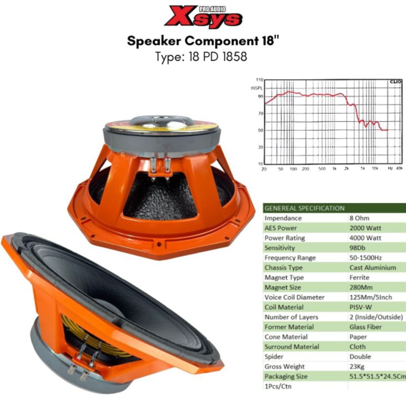 Speaker Komponen X-SYS PD1858 Orange 18" Coil 5 Daun Coating