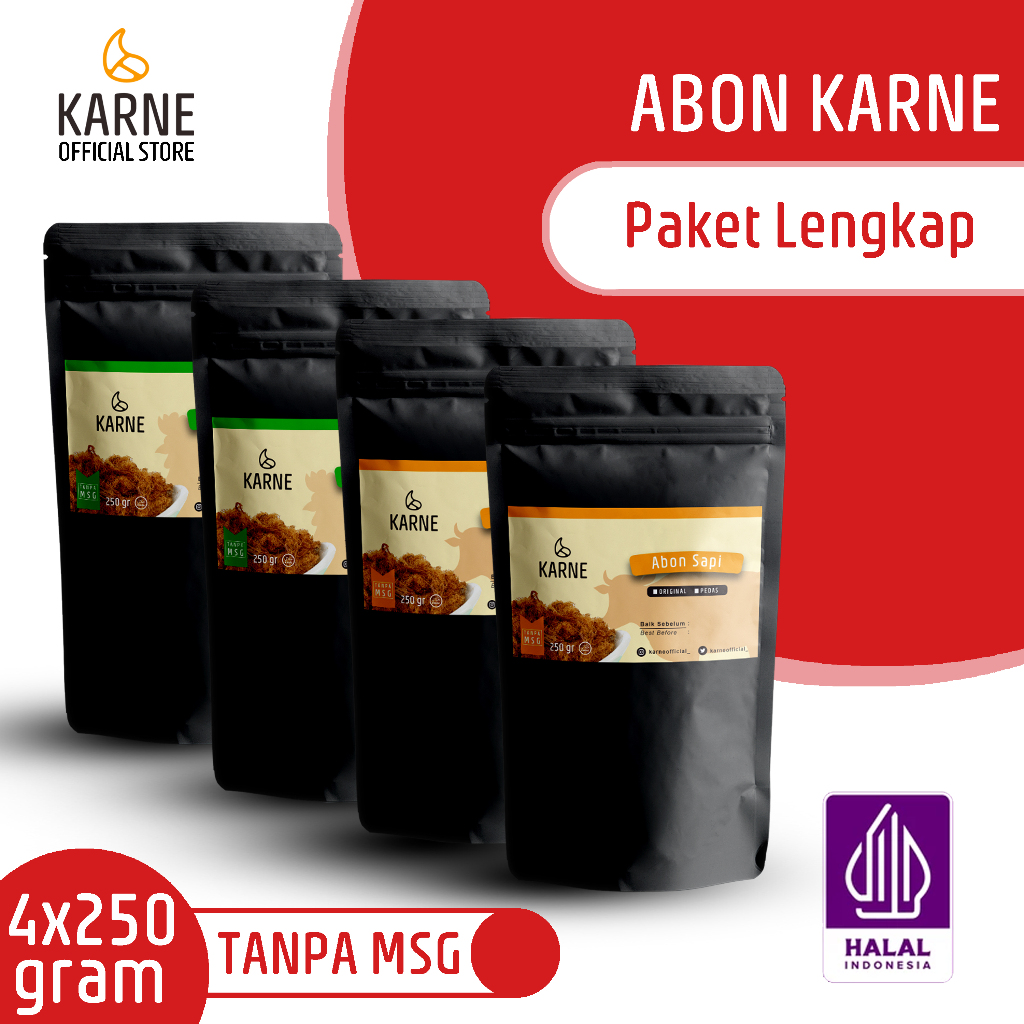 

Paket Komplit Abon Ayam Original Ayam Pedas Sapi Original Sapi Pedas Karne 250gram