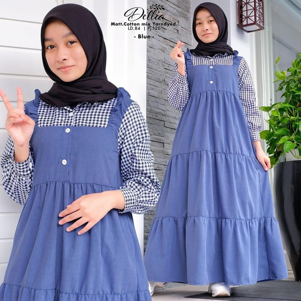 DELIA DRESS Baju Gamis Anak Tanggung Umur 11 12 - 18 Tahun Katun Kotak-Kotak