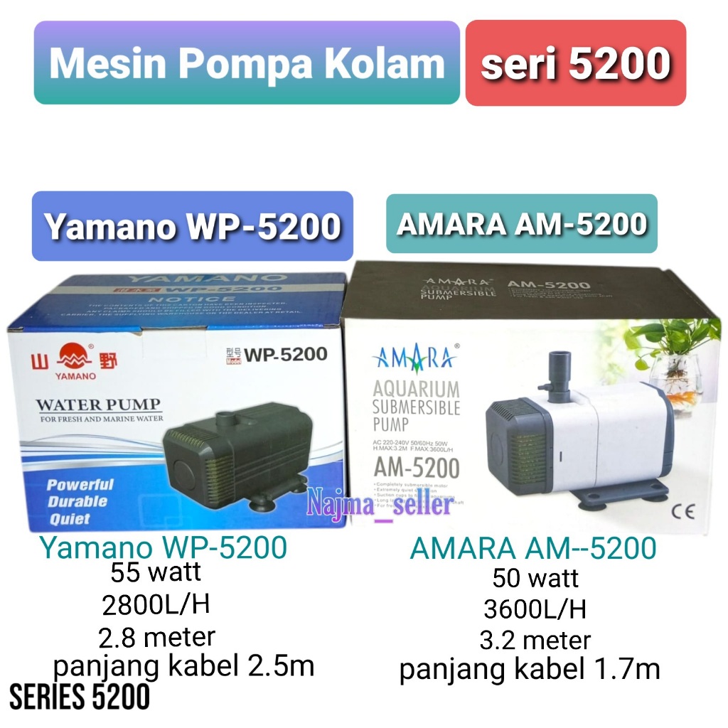 Mesin Pompa Kolam Aquarium Besar. Yamano WP 5200 dan AMARA AM-5200. Untuk kolam ikan 3x3m dan 2x4m