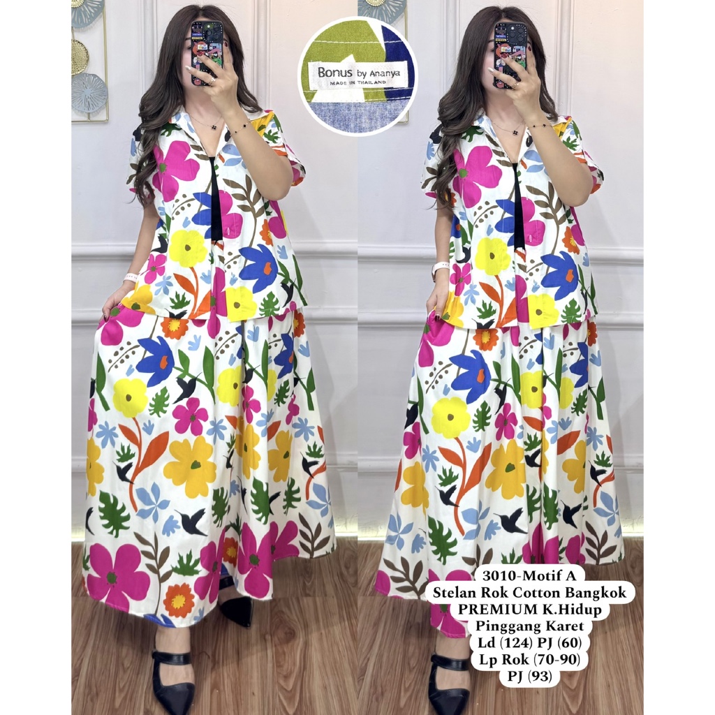 Setelan Rok Wanita Panjang Cotton Bangkok Premium Motif Flower kode 3010