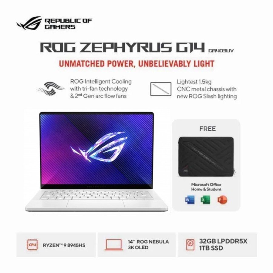 Asus ROG Zephyrus G14 GA403UV R946OL7W-O AMD Ryzen 32GB 1TB SSD RTX4060 14" 3K OLED Win 11 OHS - Pla