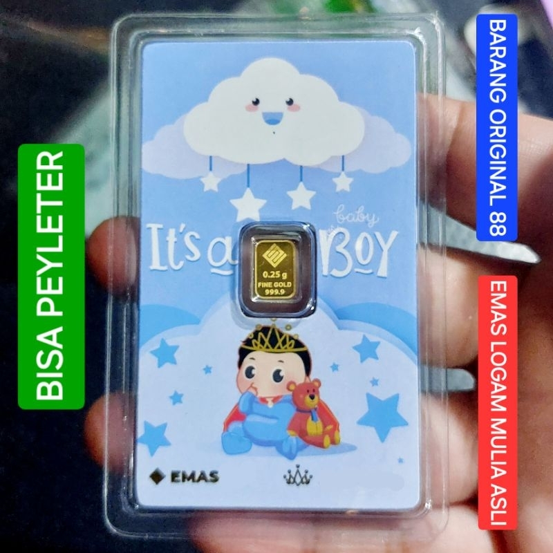 KADO ANAK LAKI LAKI HADIAH LAHIRAN BAYI COWOK EMAS 0.25 GRAM 24 KARAT LOGAM MULIA 0,25 GR MURNI 999.