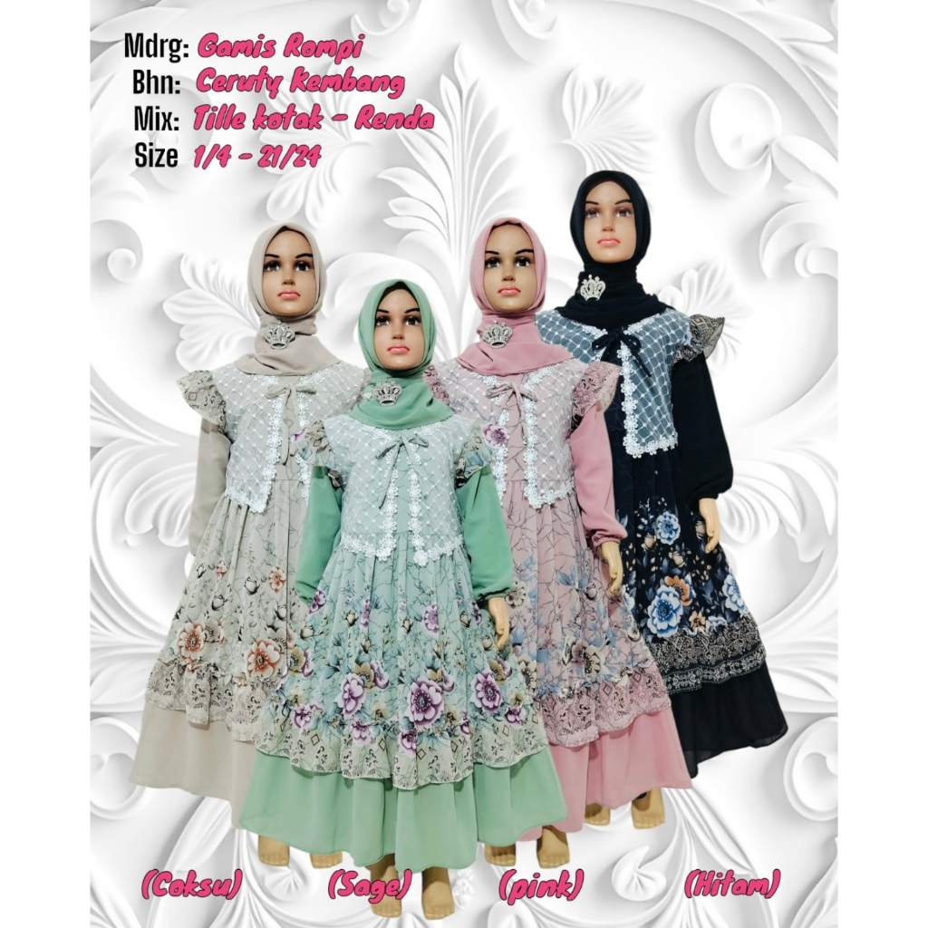 Gamis Ceruty Motif Bunga Etnic Kembang  Anak Perempuan Usia 3-12 Tahun | Gamis Ceruty Bunga Kembang 