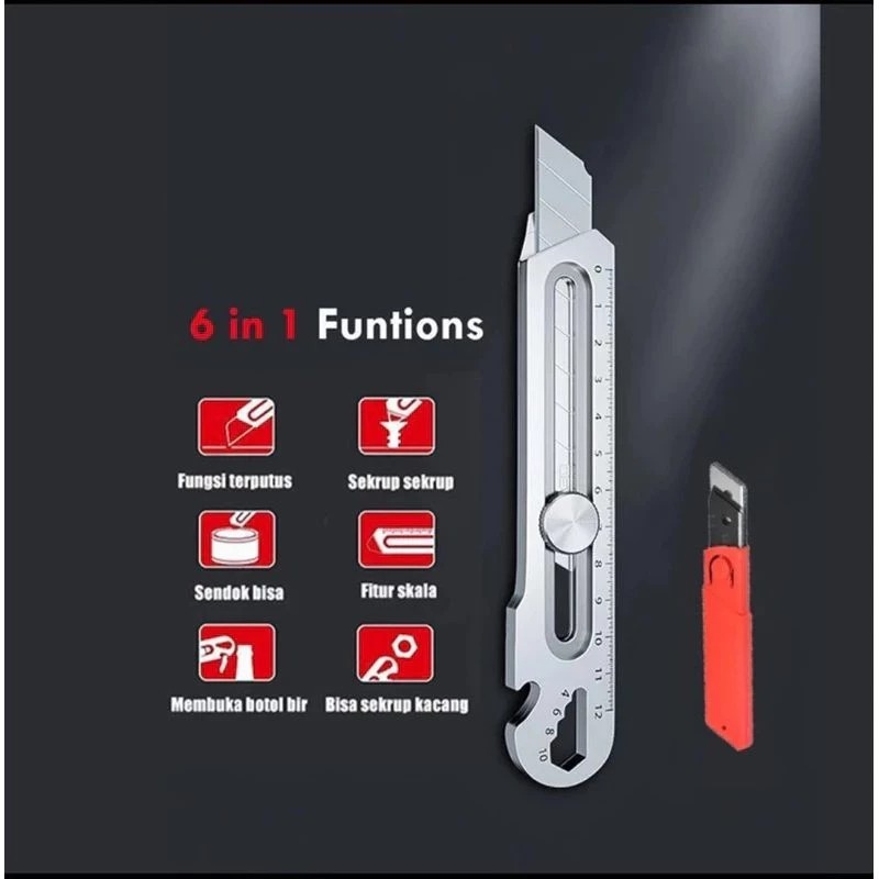 

Pisau Cutter Stainless Besar 9IN1 / Sliding Knife Cutting Tool / Alat Pemotong Kertas Pengencang Mur Pembuka Tutup Botol Multifungsi