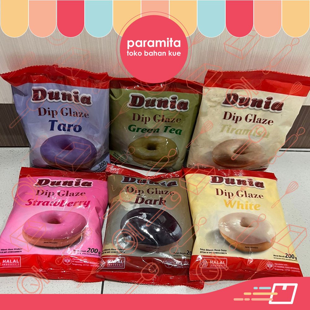 

Dunia Dip Glaze 200 gr Rasa Dark Coklat / Tiramisu / Green Tea / Taro / Strawberry / White