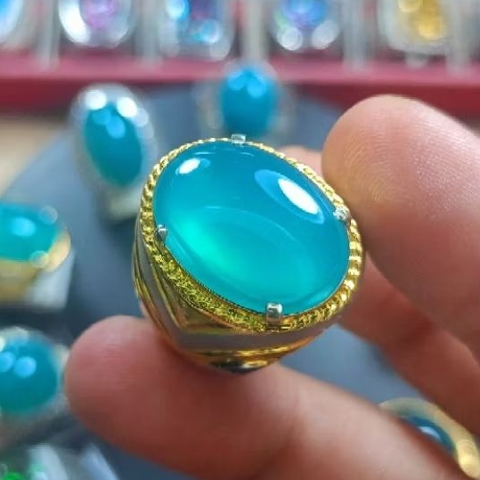 BATU CINCIN AKIK BACAN BLUE RELAXSA SUPER KRISTAL GIWANG SATU WARNA RING PERAK