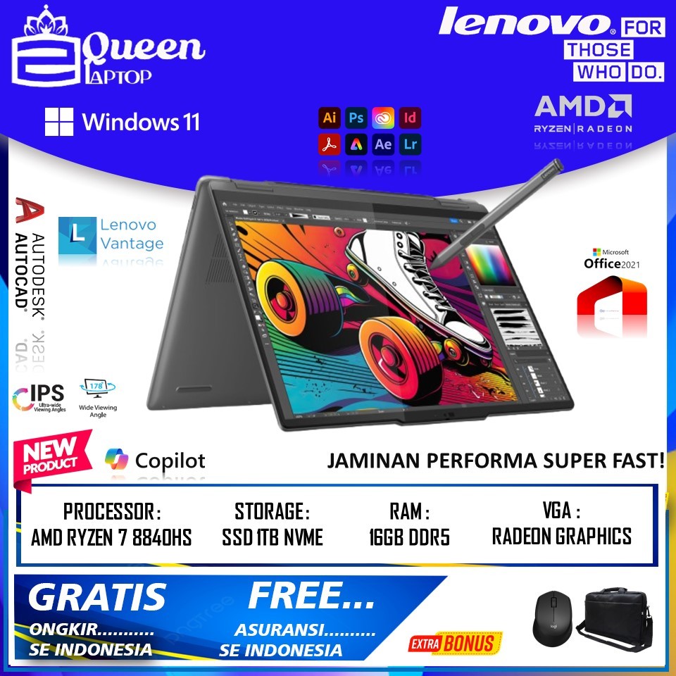 Laptop Touchscreen Lenovo Yoga 7 2IN1 14 Amd Ryzen 7 8840HS Radeon 780M DDR5 16GB SSD 1TB Windows 11