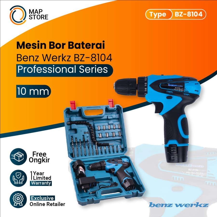 Bor Baterai Cordless Drill / Bor Tangan Baterai 12V / Cordless Drill 10mm By Benz BZ 8104