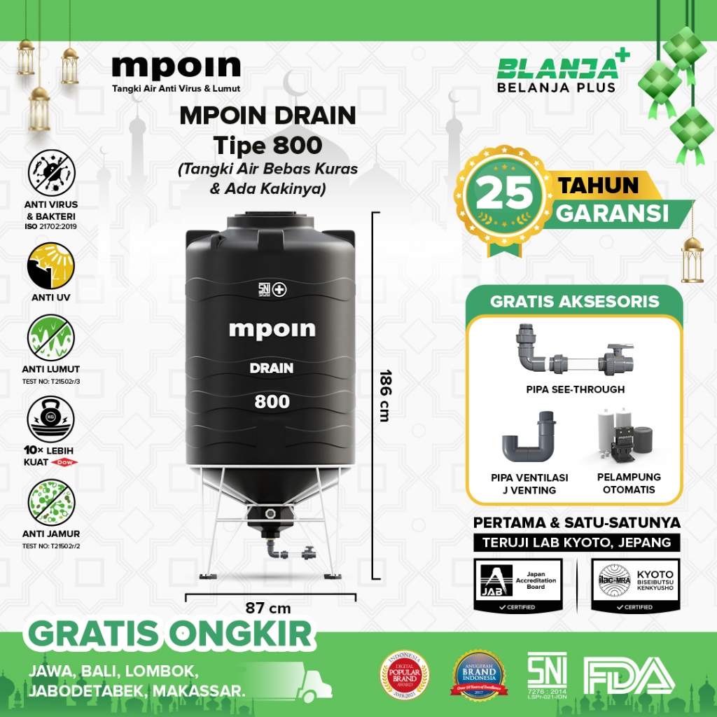 Toren Tangki Tandon Air Mpoin Drain Bebas Kuras 1200 Anti Virus Anti Bakteri Anti Lumut Garansi 25 T