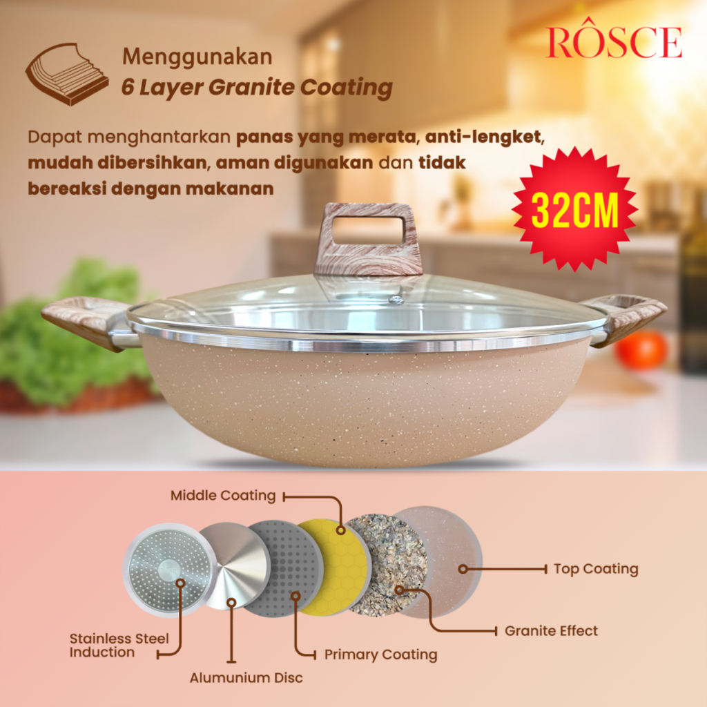 ROSCE WOK PAN 32CM Steamer Wajan set kukusan stainless jumbo Panci granit marble tutup kaca 32 cm
