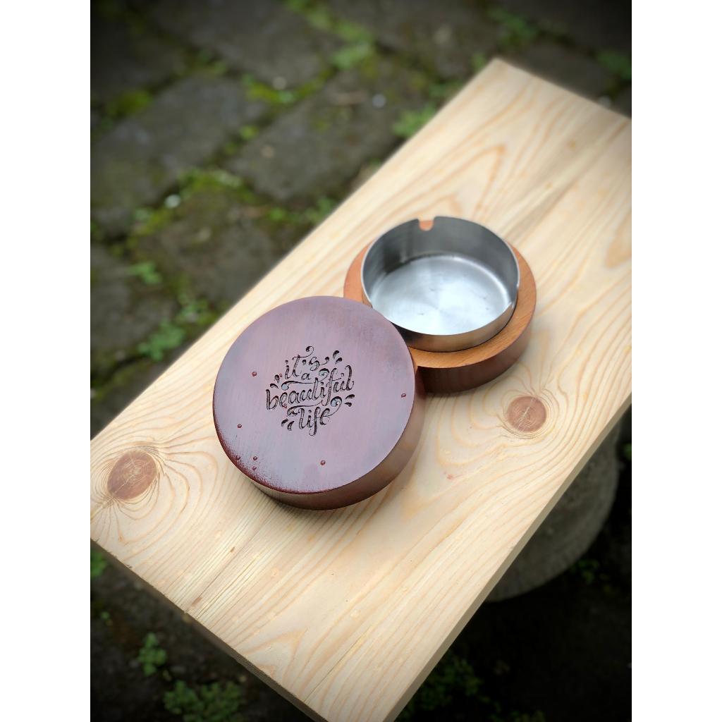Asbak Puntung Rokok Stainless Casing Kayu (Handmade, Kayu Mahoni Free Grafir)