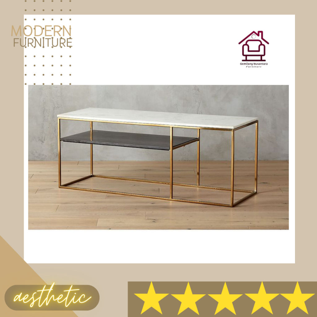 Meja TV Minimalis Rangka Besi Gold Permukaan Putih