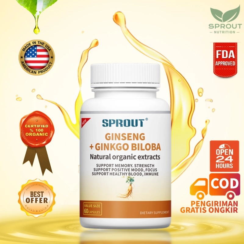 SPROUT Ginseng + Ginkgo Biloba, Suplemen Makanan Alami Organik untuk Kesehatan Otak dan Tubuh