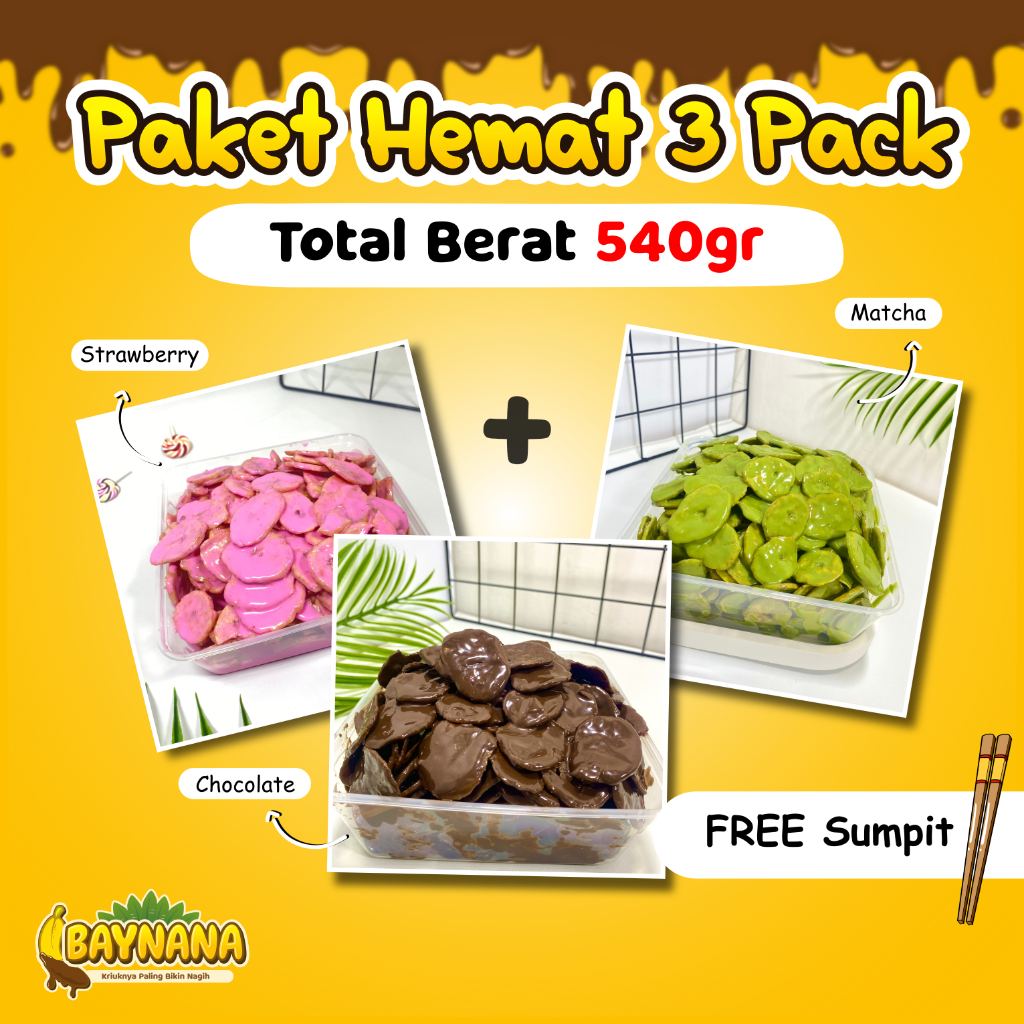 

BAYNANA - Paket Hemat 3 Pack Total Berat 540gr Keripik Pisang Coklat Lumer Jajanan Viral Termurah
