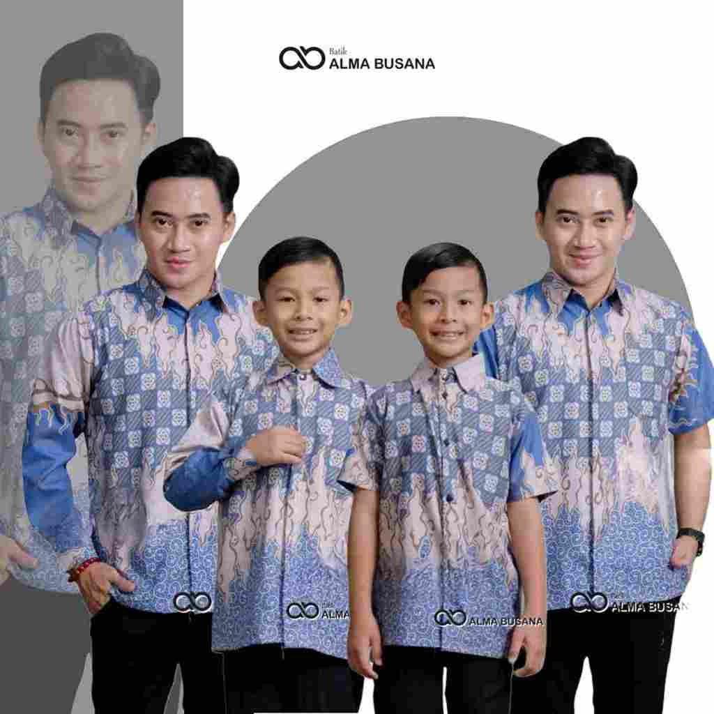 Kemeja Batik Anak Laki Laki Lengan Panjang Batik Ayah dan Anak Cowok Warna Biru Muda Sky Blue Denim 