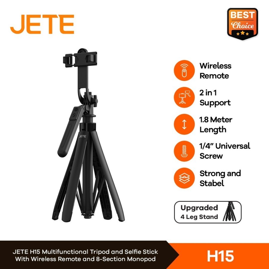 JETE H15 Tripod Tongsis Bluetooth Selfie Stick HP with Remote - Garansi Resmi 2 Tahun
