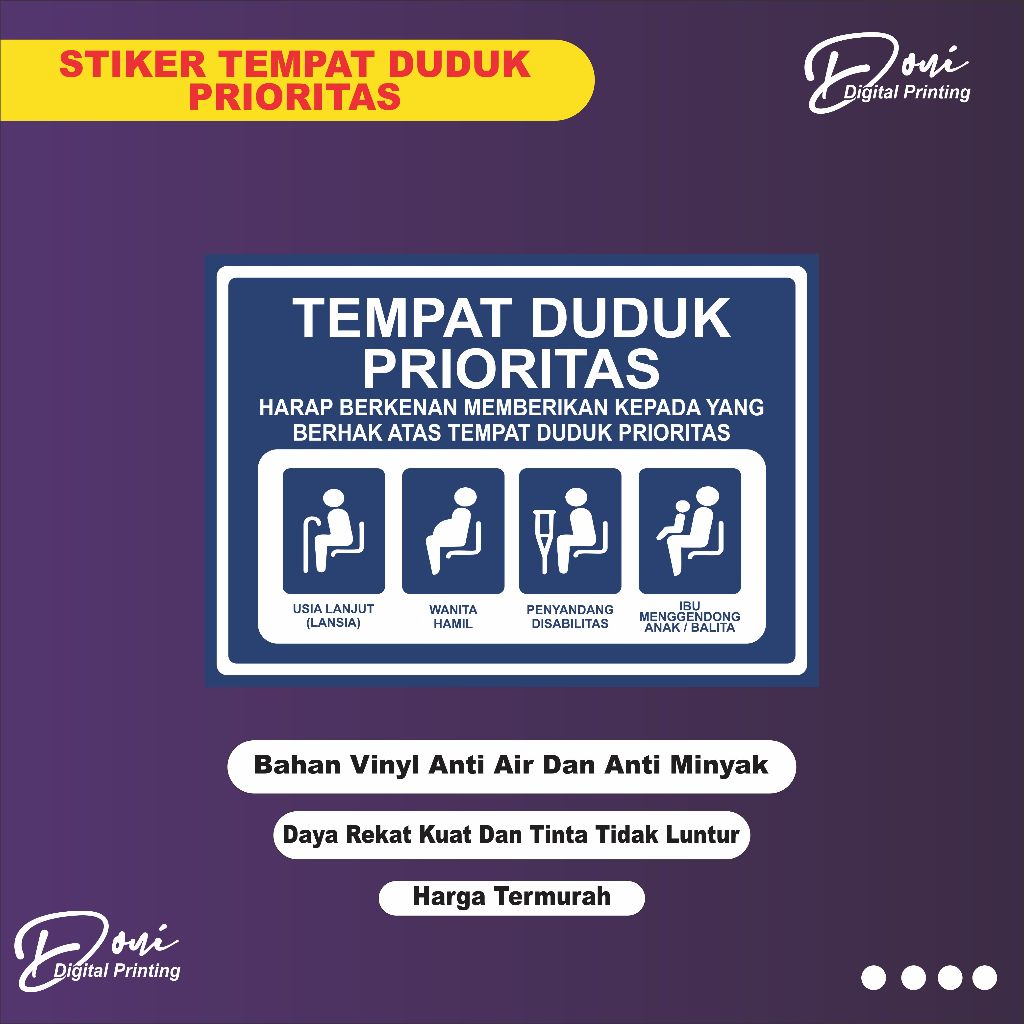 

Stiker Tempat Duduk Prioritas / Stiker Kursi Prioritas / Stiker Prioritas / Bahan Vinyl Glossy ( Anti Air )
