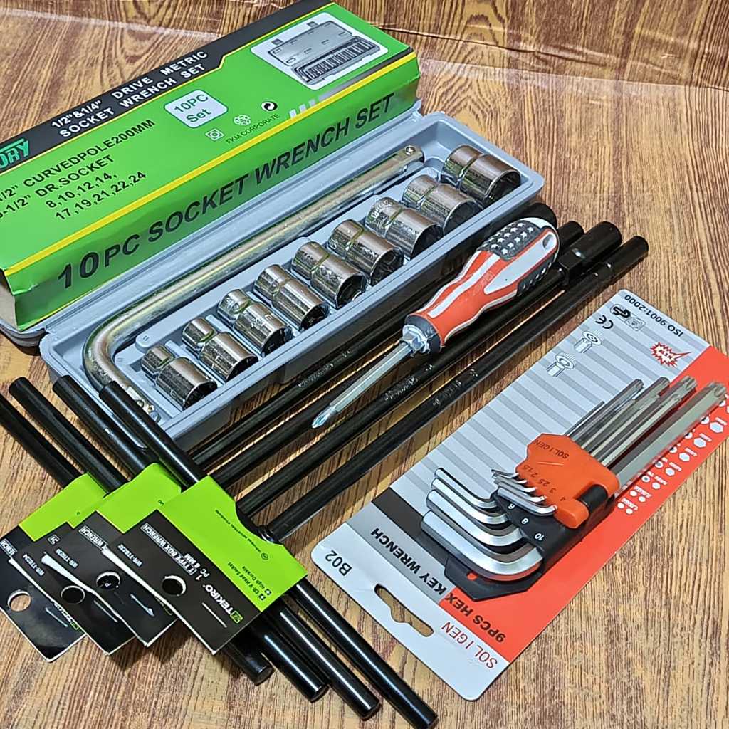 TEKIRO Kunci T 4pcs 8-10-12-14mm + Kunci Shock Sok 10pcs 8-24mm + kunci L set soligen kombinasi 9pcs