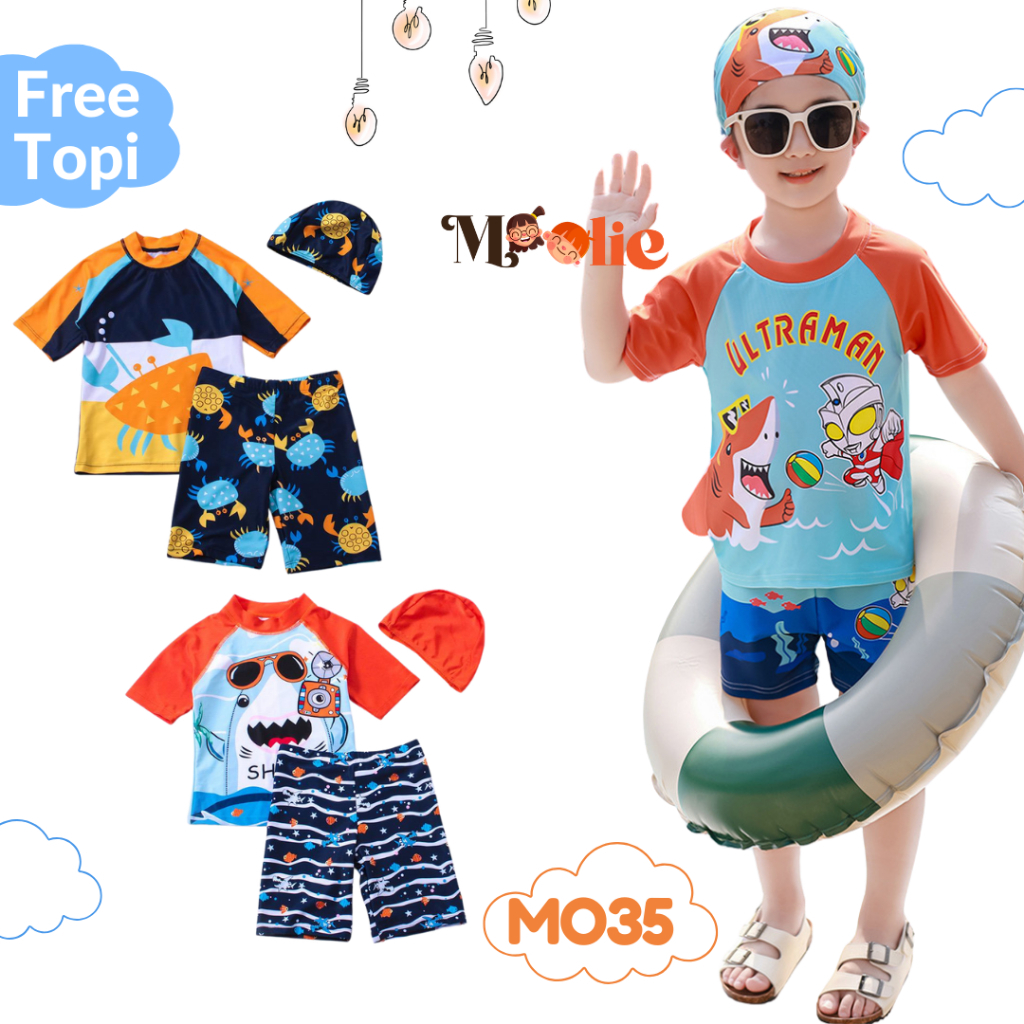 OK MO35 Baju Renang Anak Laki-Laki Cowok Lengkap Topi/ Baju Renang Lengan Pendek SP25