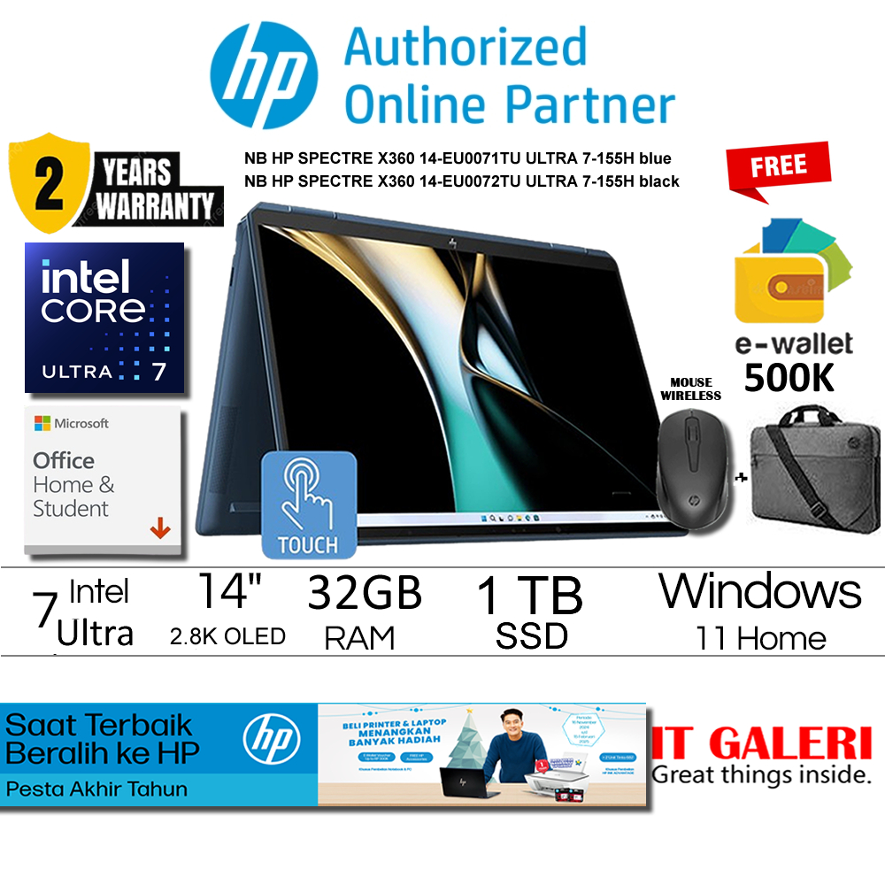 { FREE TWS EARBUDS } Laptop HP Spectre x360 14 Intel Core Ultra 7-155H/RAM 32GB/1TB SSD/Layar Touchs