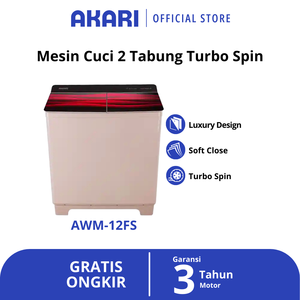 AKARI Mesin Cuci 2 Tabung Besar Kantong Cuci Hijab Turbo Spin AWM-12FS - Maroon
