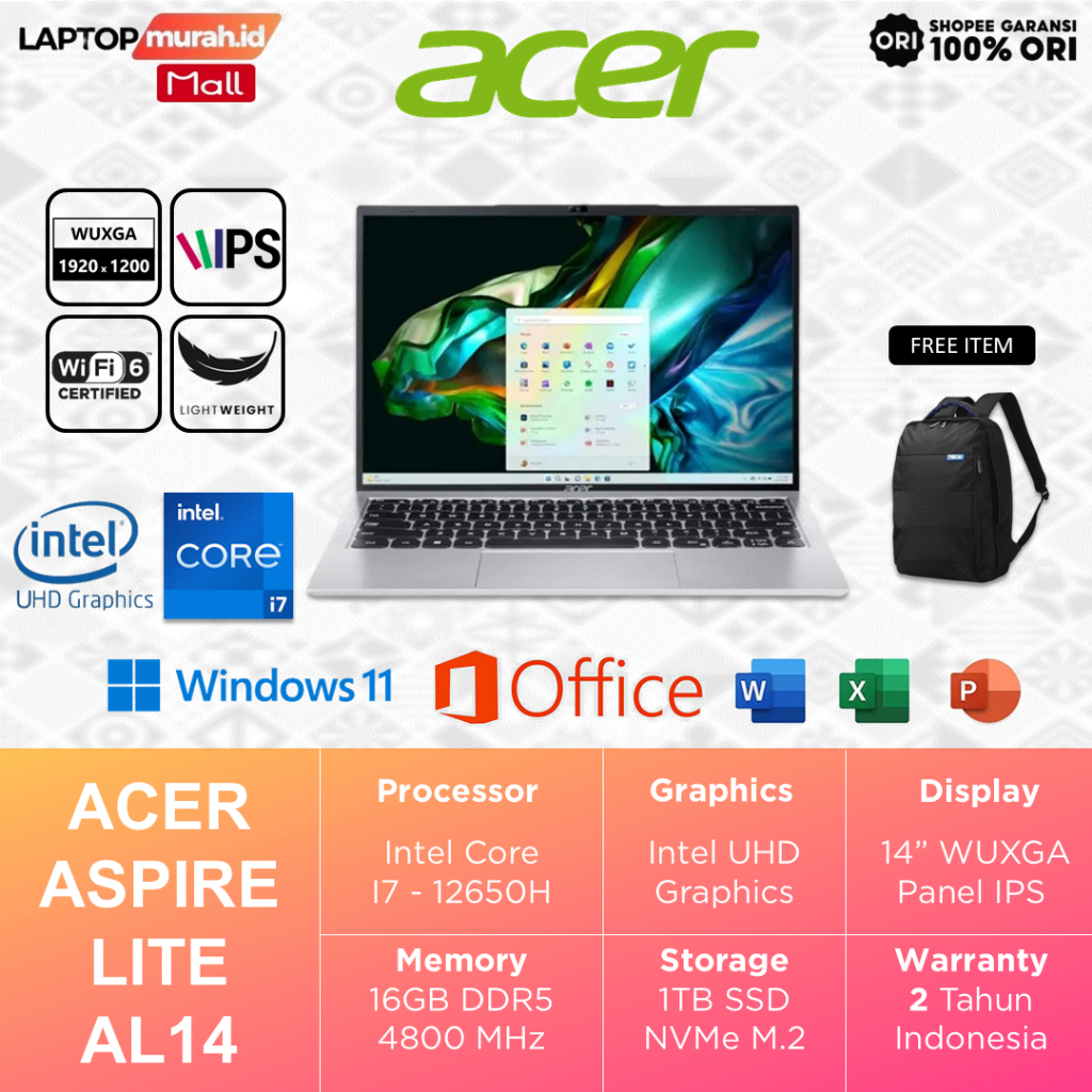Laptop Acer Aspire Lite i7-12650H 16GB 1TB 14.0" WUXGA IPS Windows 11 Home + OHS - Aspire Lite AL14