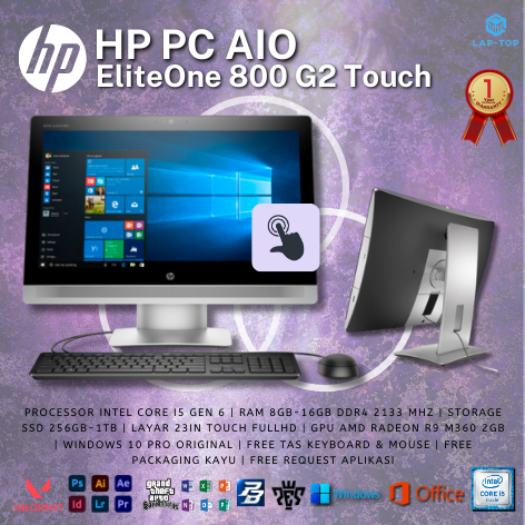 All in One PC AIO HP EliteOne 800 G2 Touch GPU Intel Core i5-6500 RAM 8GB SSD 256GB 23" Layar Sentuh