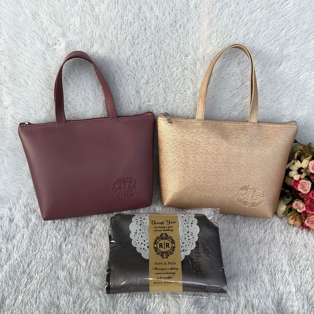 Souvenir Pernikahan Pouch Mini Bag Custom Emboss Nama Logo Dompet Kosmetik Make Up Kemasan Skincare