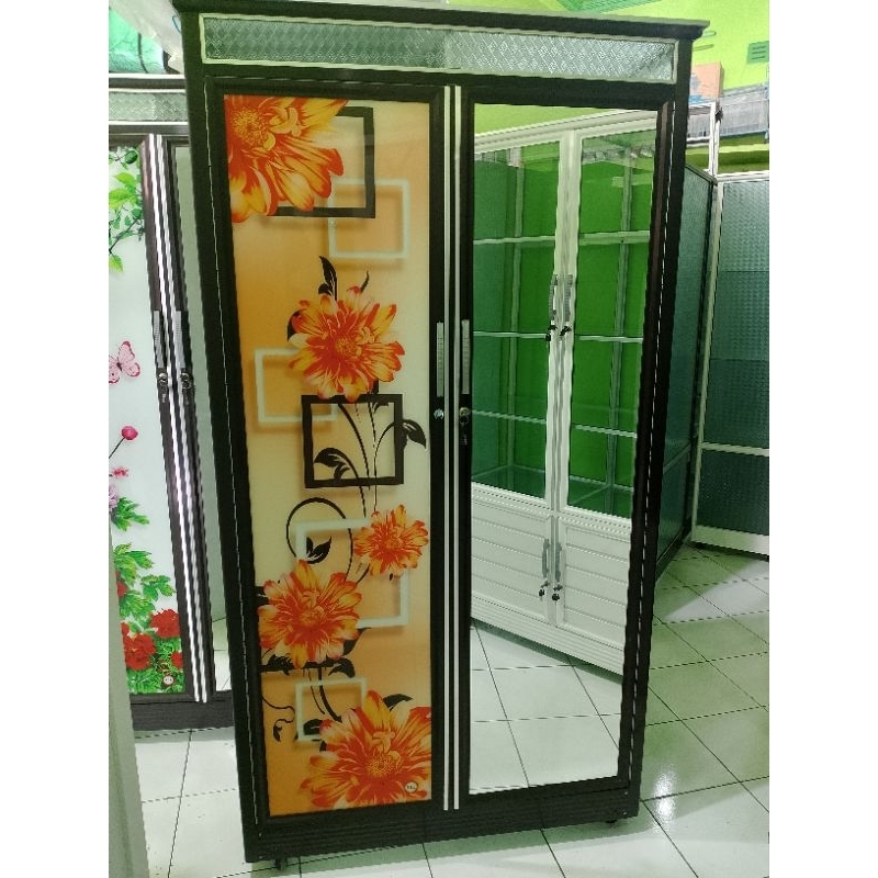 LEMARI KACA PRINTING PINTU 2 RANGKA PUTIH ALMARI PAKAIAN ALMINI ALUMINIUM TERBARU ELEGANT RAK BAJU M