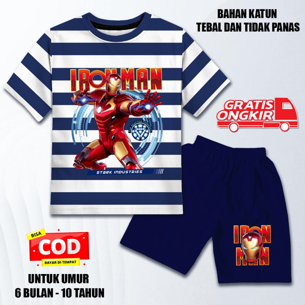 Setelan salur lengan pendek anak laki laki perempuan set baju kaos anak katun dtf iron man 1