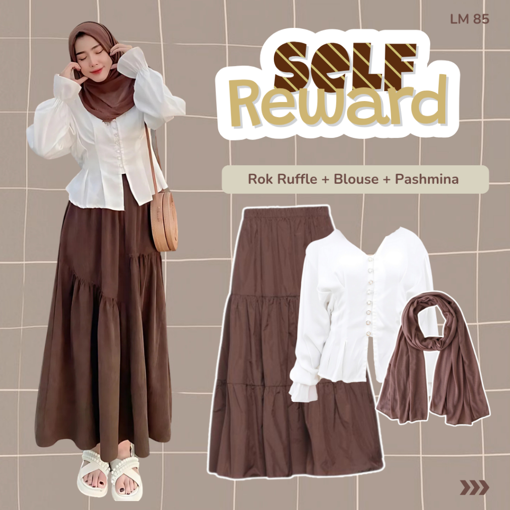 OOTD Wanita Kekinian Remaja Hijab Outfit Ngampus Blouse Rok Ruffle Setelan Lebaran 2025 Nala LM85