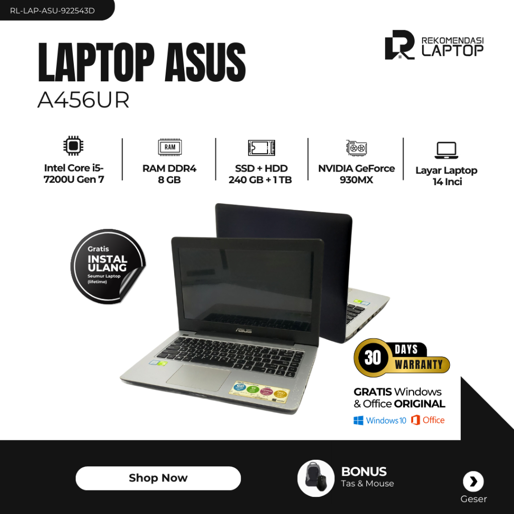 Asus A456UR Intel Core i5-7200U Gen 7 Intel Graphics 620 NVIDIA GeForce 930MX RAM 8 GB SSD 240 GB HD