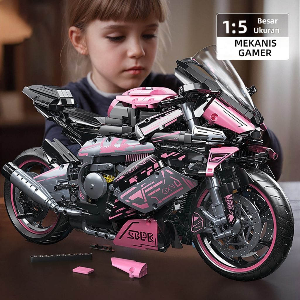 1:5 Pink Sepeda Motor Blok Bangunan Mainan puzzle mainan blok mobil besar model mobil anak-anak