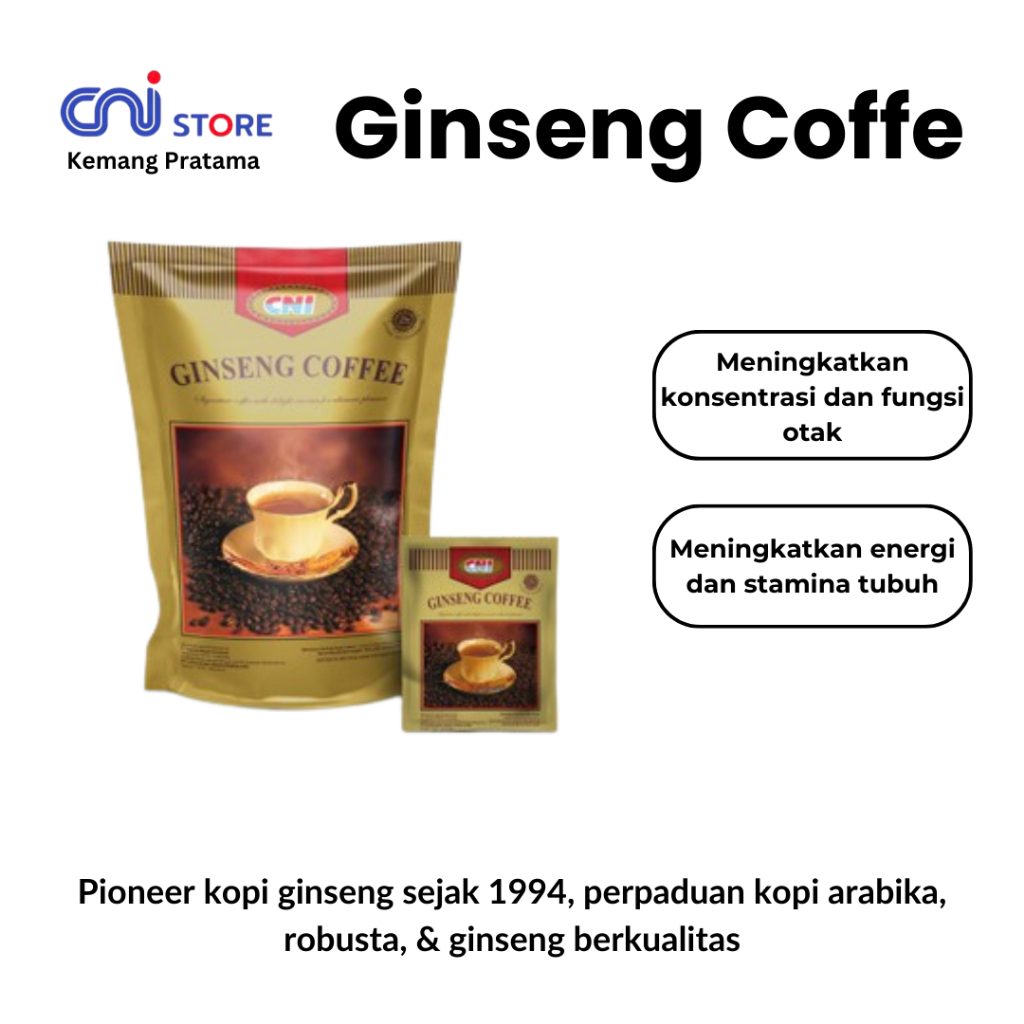 

Gingseng Coffee CNI | Kopi Perpaduan Arabika, Robusta dan Gingseng isi 20 Sachet