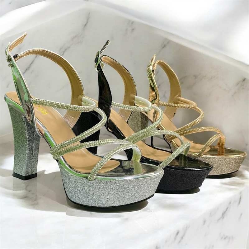 Moozashoes Keysa tinggi hak 10 cm hak tahu hak kotak heels wanita heels cantik heels bahan glitter h