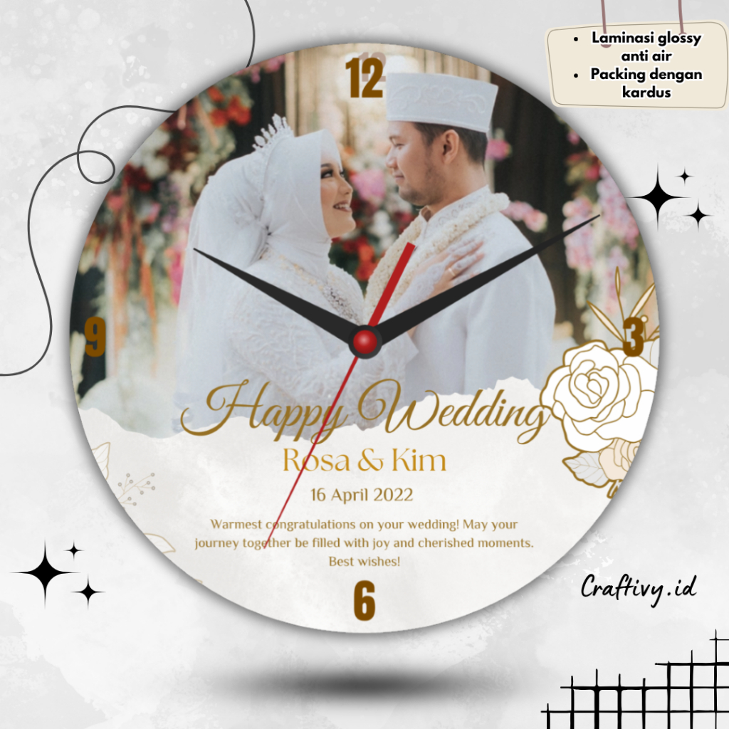 Craftivy Jam Dinding Custom Cocok untuk Kado Ulang Tahun, Pernikahan, Wisuda, Anniversary Papan MDF 