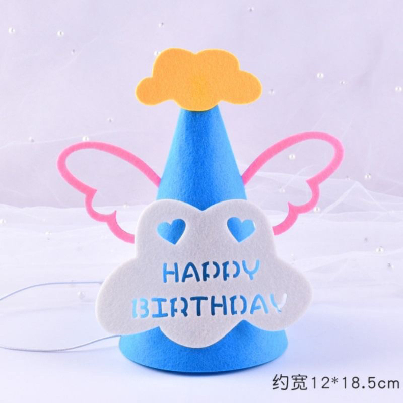 Topi ulang tahun anak kerucut tulisan happy birthday bahan kain flanel felt party hat hiasan kepala 