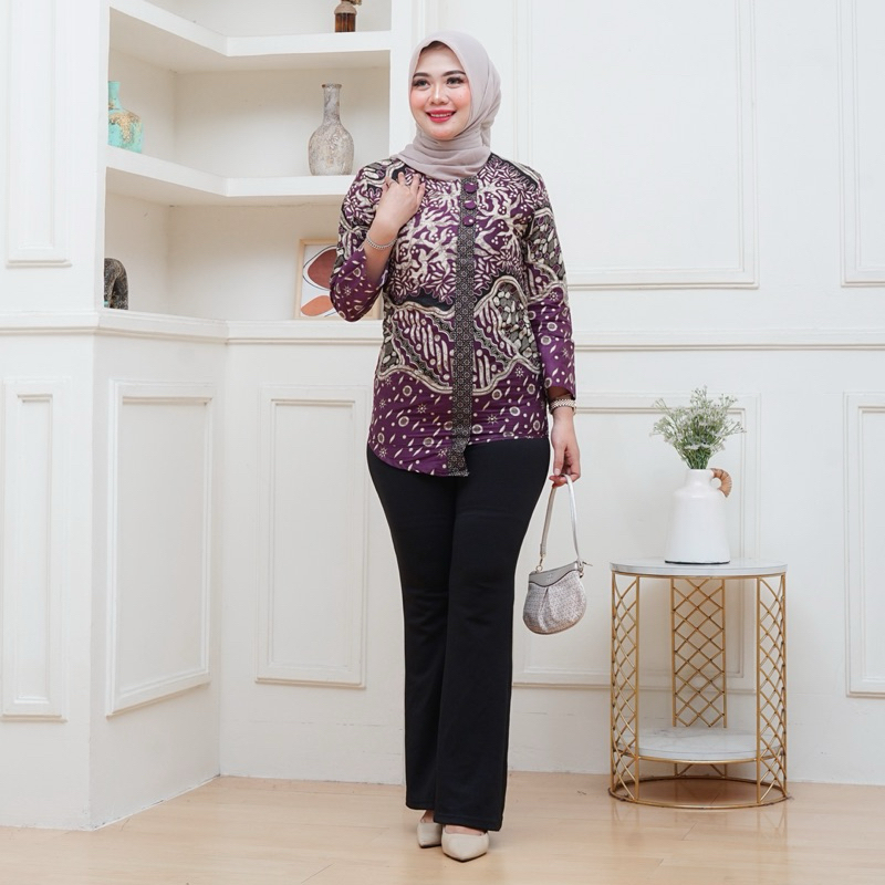 batik blus wanita kombinasi warna ungu terong,bahan katun prima premium || size lengkap