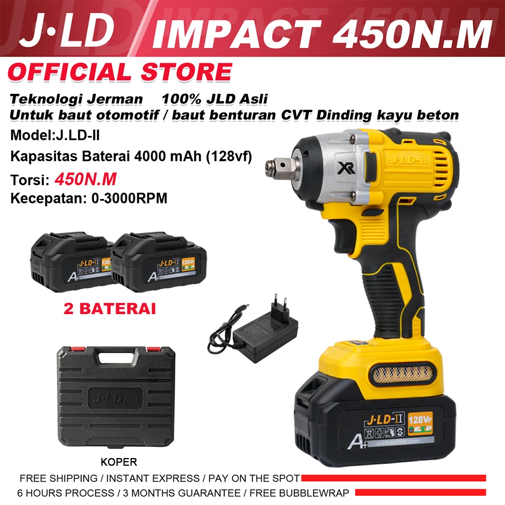 JLD Impact Baterai Brushless 2Baterai 450N.M 3000RPM untuk Baut Mobil/Bor Cas Murah